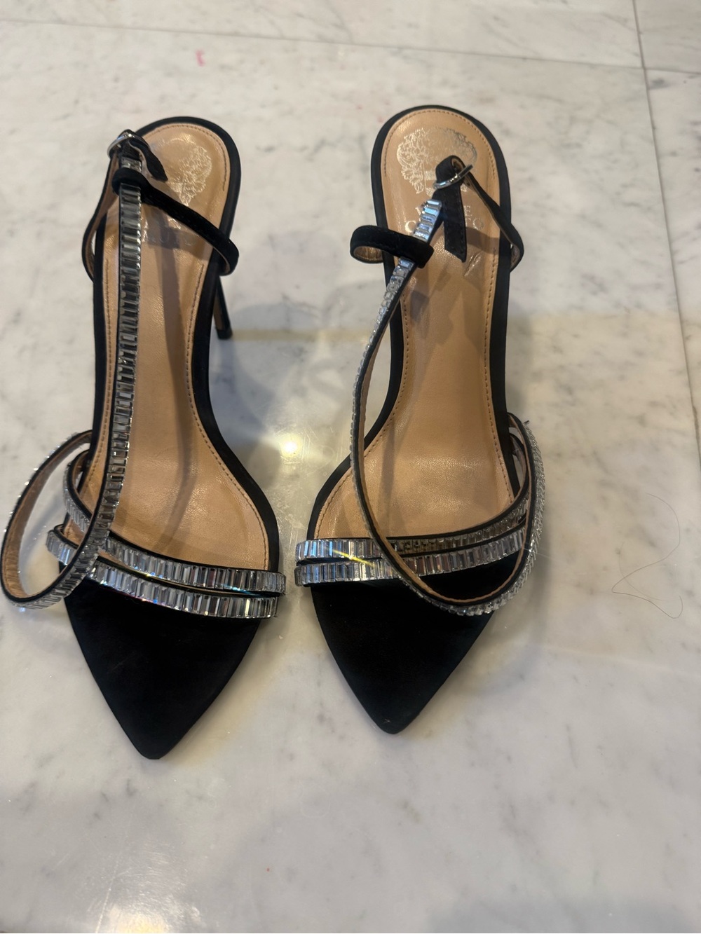 Vince Camuto Black Rhinestone Heels Pointed Toe Stiletto Sandals 7.5